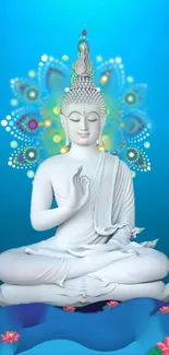 Serene Buddha figure with a blue backdrop and colorful mandala designs.