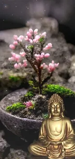 Buddha statue with pink bonsai tree in serene setting.