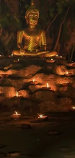 Golden Buddha with glowing candles in a serene setting.