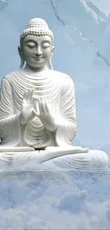 Tranquil Buddha sits among serene clouds and sky.