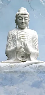 Serene Buddha sitting among clouds and mountains, creating a peaceful ambiance.