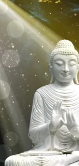 Buddha statue with spiritual light beams and stars creating a serene aura.