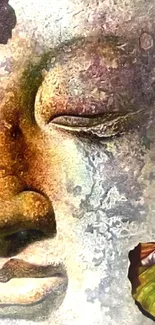 Serene Buddha face with leaf accents, calming earthy tones.