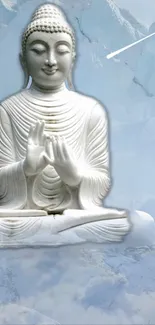 Serene Buddha statue with cloudy sky background.