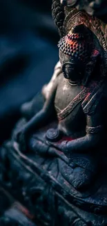 Dark toned Buddha statue, serene mobile wallpaper art.