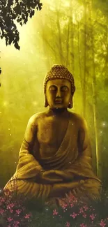 Serene Buddha statue in a glowing mystical forest.