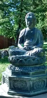 Buddha statue in lush green garden setting.