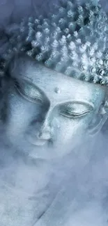 A serene Buddha statue surrounded by mystical fog.