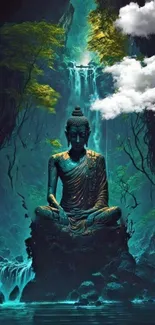 Buddha statue amidst serene nature with teal tones.