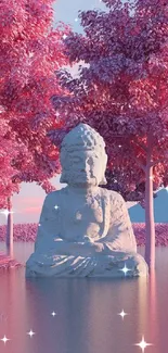 Buddha statue surrounded by pink trees reflected on calm water.