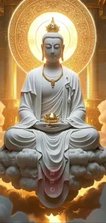 Buddha meditating on a cloud with a golden aura.