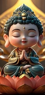 Buddha sculpture in lotus position with serene details.