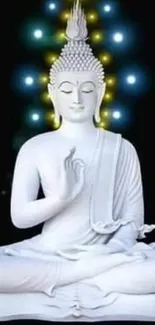 Luminous white Buddha statue on dark background with glowing lights.