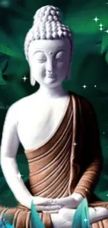 Serene Buddha statue with green leaves background.