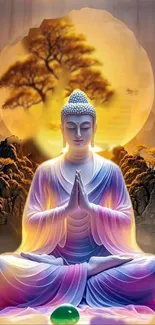 Serene Buddha meditating with glowing background.