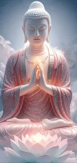 Serene Buddha statue in meditation setting with clouds and light.