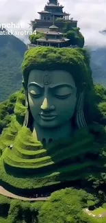 Buddha statue amidst lush green mountain scenery.