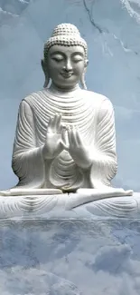 Serene Buddha statue amidst clouds and mountains, perfect for meditation.