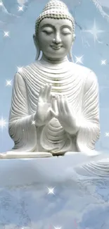 Buddha statue with a cloudy and starry background.