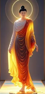 Buddha figure glowing with serene light in an artistic illustration.