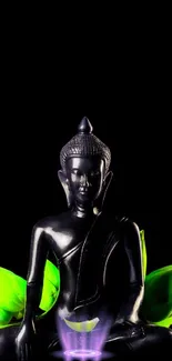 Black Buddha statue with green leaves in background.