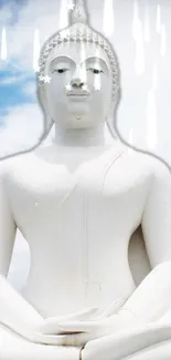 Serene white Buddha statue with a cloudy sky backdrop.