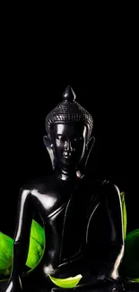 Serene Buddha statue with green leaves on a black background.