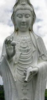 Serene white Buddha statue against a cloudy sky.