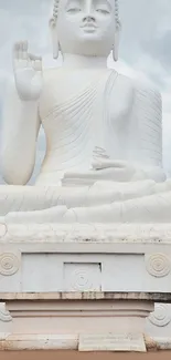 Buddha statue with serene expression against cloudy sky.