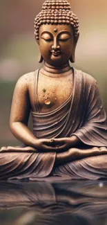 Serene Buddha statue on a calm reflective surface.