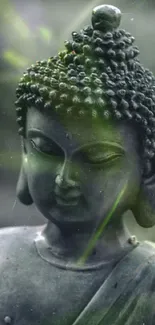 Serene Buddha statue wallpaper with greenish hue.