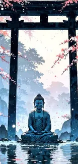 Buddha statue under cherry blossoms, tranquil setting.