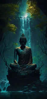 Buddha statue in lush, forest waterfall.