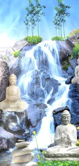 Serene wallpaper with Buddha statues and a cascading waterfall.