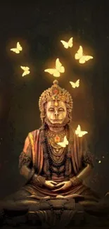 Buddha statue surrounded by glowing butterflies in dark, mystical setting.