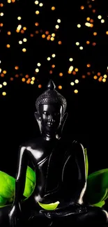 Buddha statue with green leaves and glowing lights on a black background.