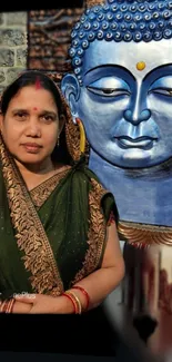 Woman in traditional attire with Buddha statue.