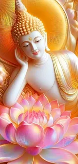 Buddha with golden aura and lotus flowers.