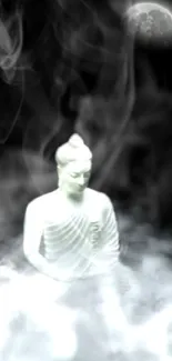 Serene Buddha statue with smoke and moon in black background.