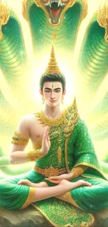 Serene Buddha surrounded by Naga designs in a mystical green artwork.