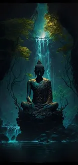 Buddha statue with waterfall in forest, teal and green tones.