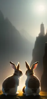 Bunnies sit serenely against a misty mountain twilight.