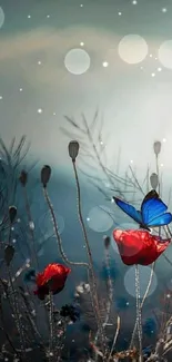 Blue butterfly rests on vibrant red flowers in a tranquil natural setting.