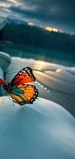 A butterfly perches on a shoreline with a serene lake and calm skies.