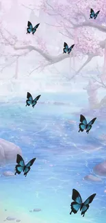 Blue butterflies flutter over a serene, blossom-surrounded lake.