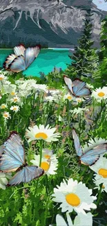 Blue butterflies and daisies with mountain background.