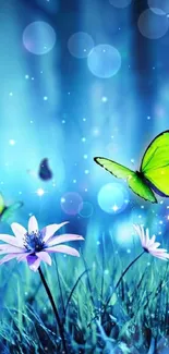 Vibrant green butterflies hover over flowers in a serene, azure blue meadow.