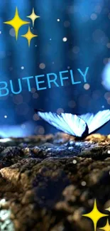 Serene blue butterfly on a rock with sparkling backdrop.