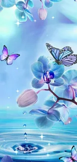 Artistic wallpaper with orchids and butterflies in blue hues.