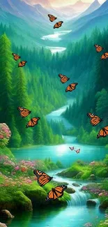 Butterflies fluttering in a lush green forest with a serene stream.